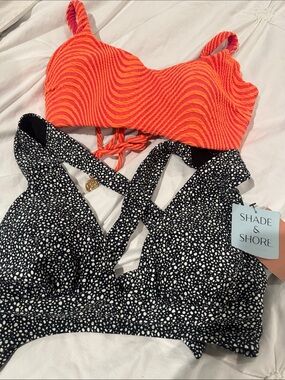 Shade & Shore Black White Dot Crisscross Bikini Top + Orange Textured Swim Top